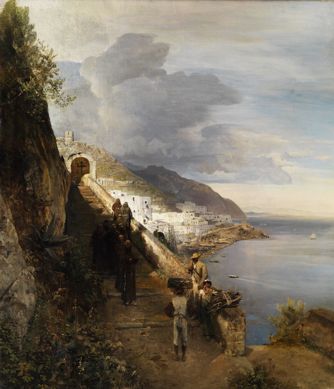 Die Küste von Amalfi mit der Stiege zum Kaupzinerkloster av Oswald Achenbach