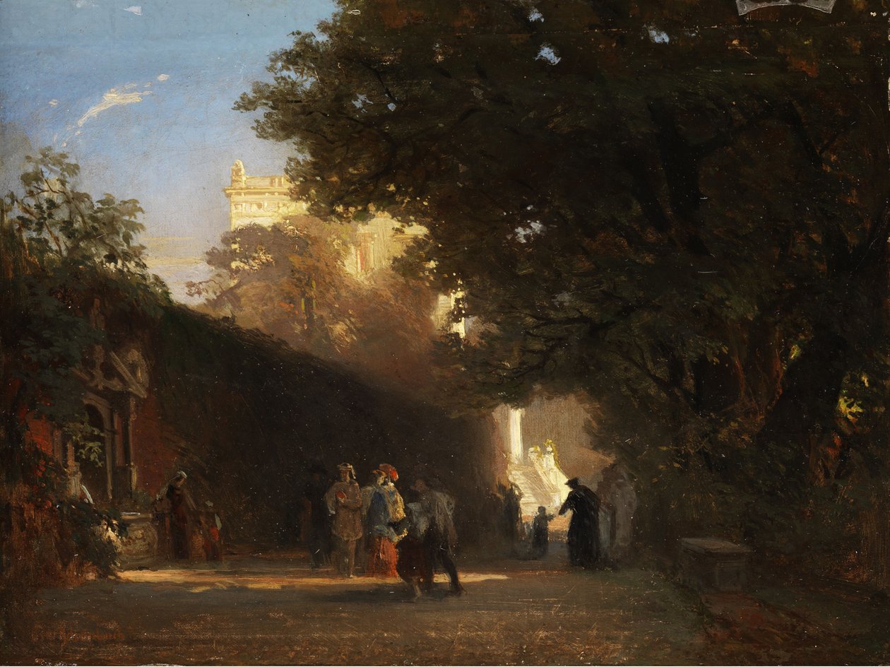 Italiensk villa och park med ädelt sällskap och präster av Oswald Achenbach