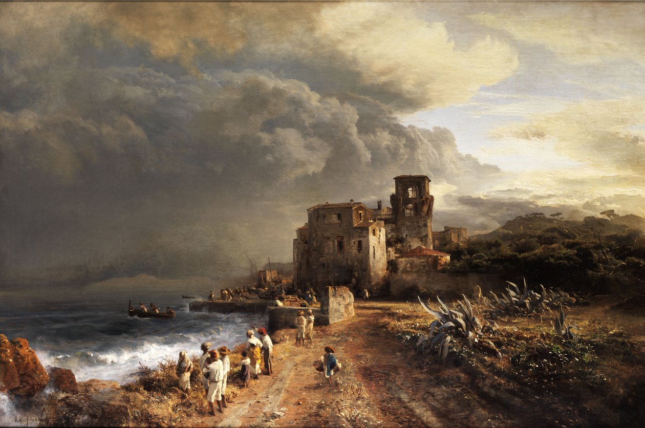 Verschattete Landschaft am Meer mit Figurenstaffage av Oswald Achenbach