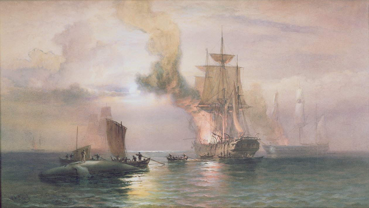 Söderhavsvalfångare som kokar späck, med val bredvid, ca 1875-85 av Oswald Walters Brierly