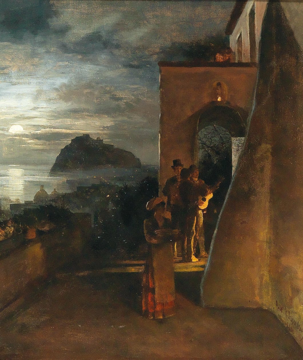 Kvällsserenad på Ischia, Castello Aragonese i bakgrunden av Oswald Achenbach