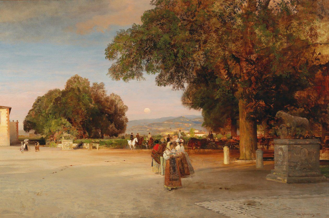 Franska: Promeneurs sur la terrasse de la Villa Grazioli à Grottaferrata Scen i skymningen på terrassen till Villa Grazioli i Grottaferrata av Oswald Achenbach