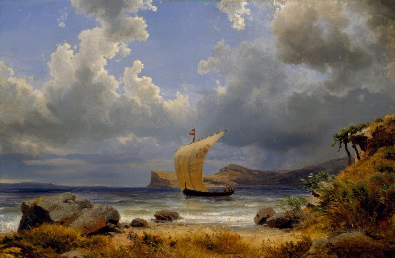 O.Achenbach, segelbåt i en italiensk vik av Oswald Achenbach