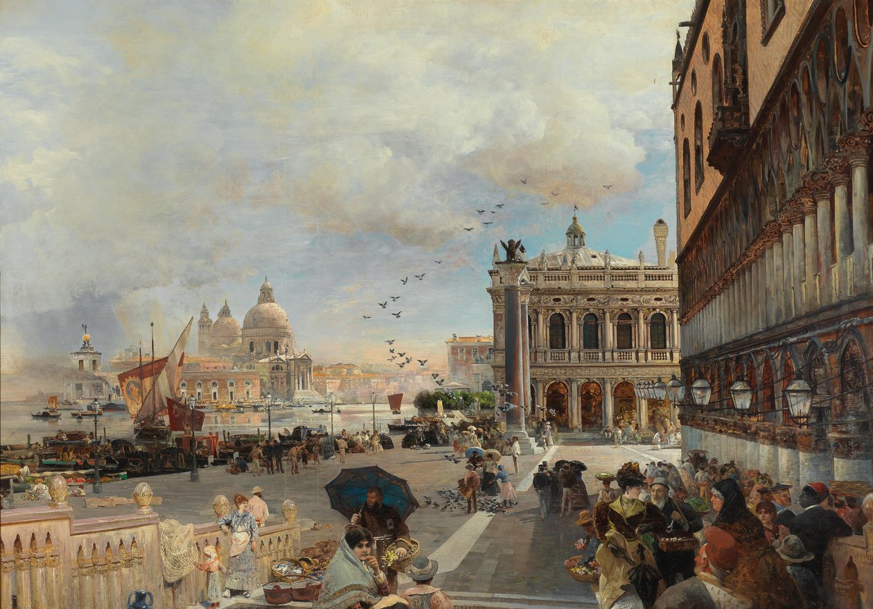 Venedig, vy över Piazzetta, med Biblioteca Marciana, Santa Maria della Salute och Dogana av Oswald Achenbach