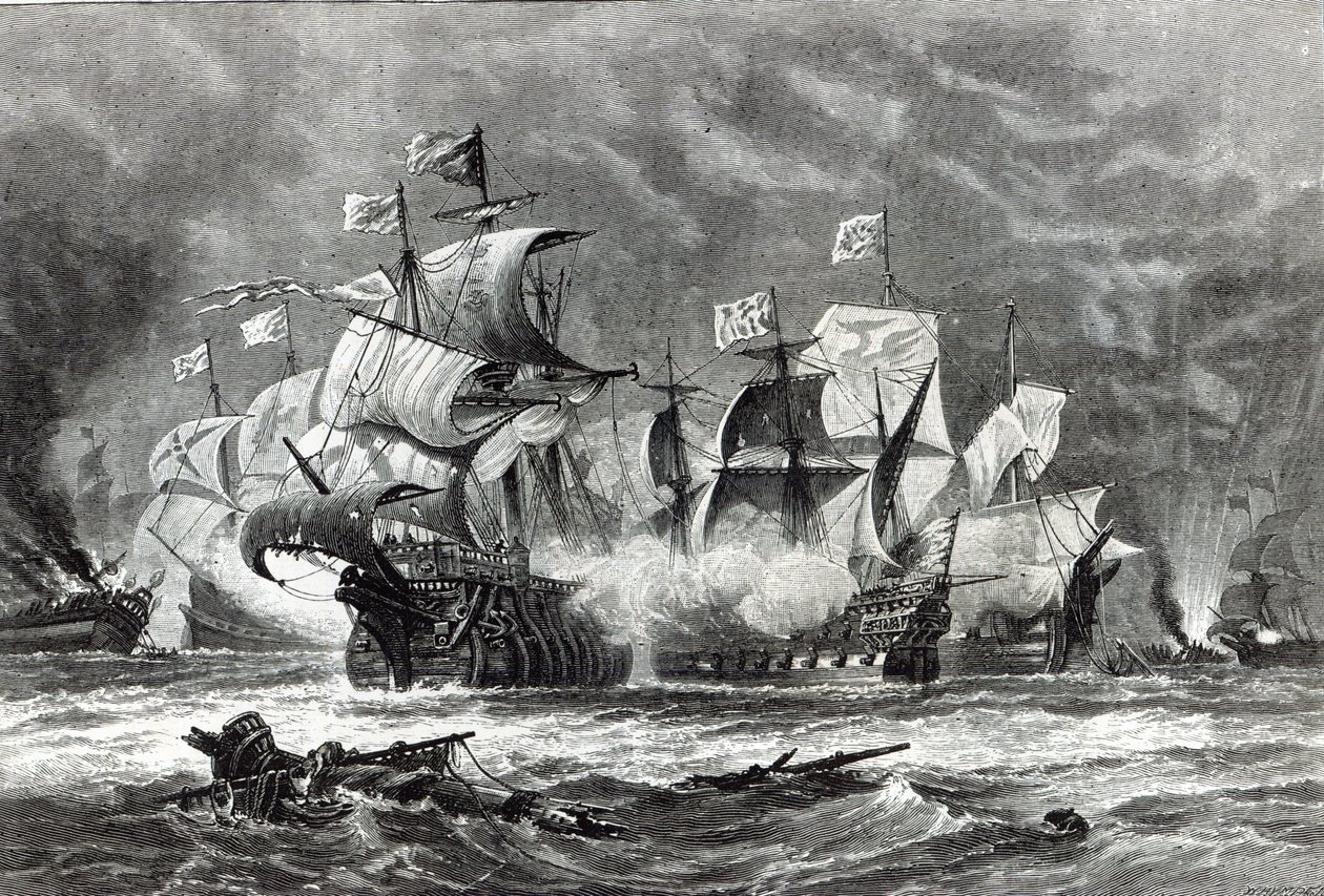 The Vanguard, under Sir William Winter, engagerar den spanska armadan, från 