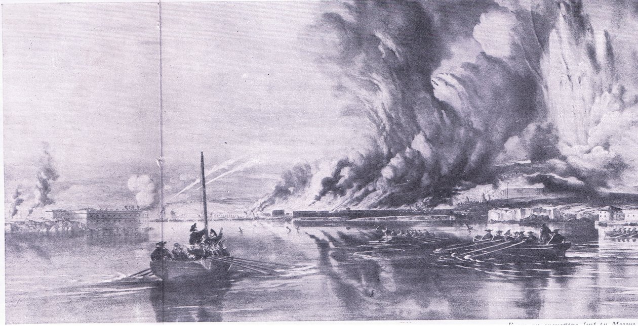 Sevastopols fall och ryssarnas reträtt, 8 september 1855, illustration från brittiska striderna på land och hav, 1915 av Oswald Walters Brierly
