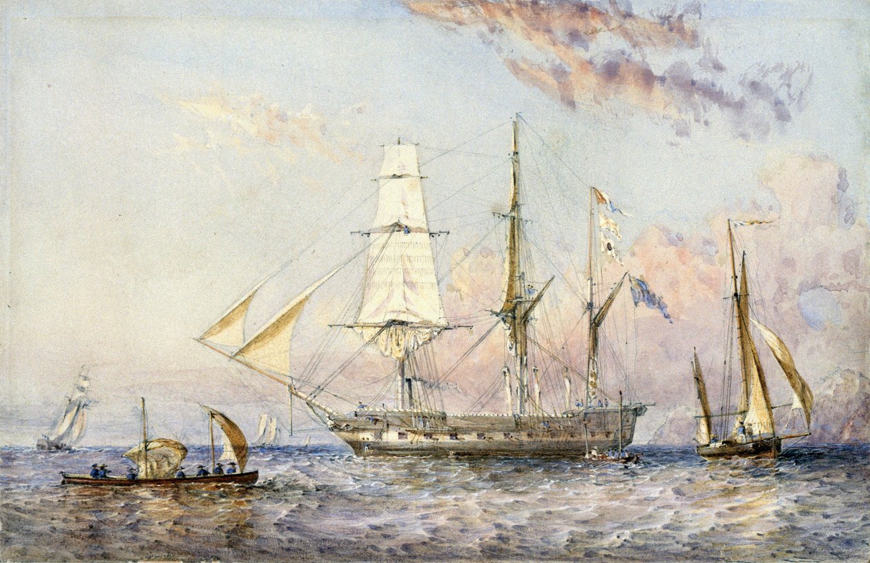 Fartyget HMS "Rattlesnake" (1822). Akvarell 1853 av Sir Oswald Walter Brierly (1817-1894). av Oswald Walters Brierly