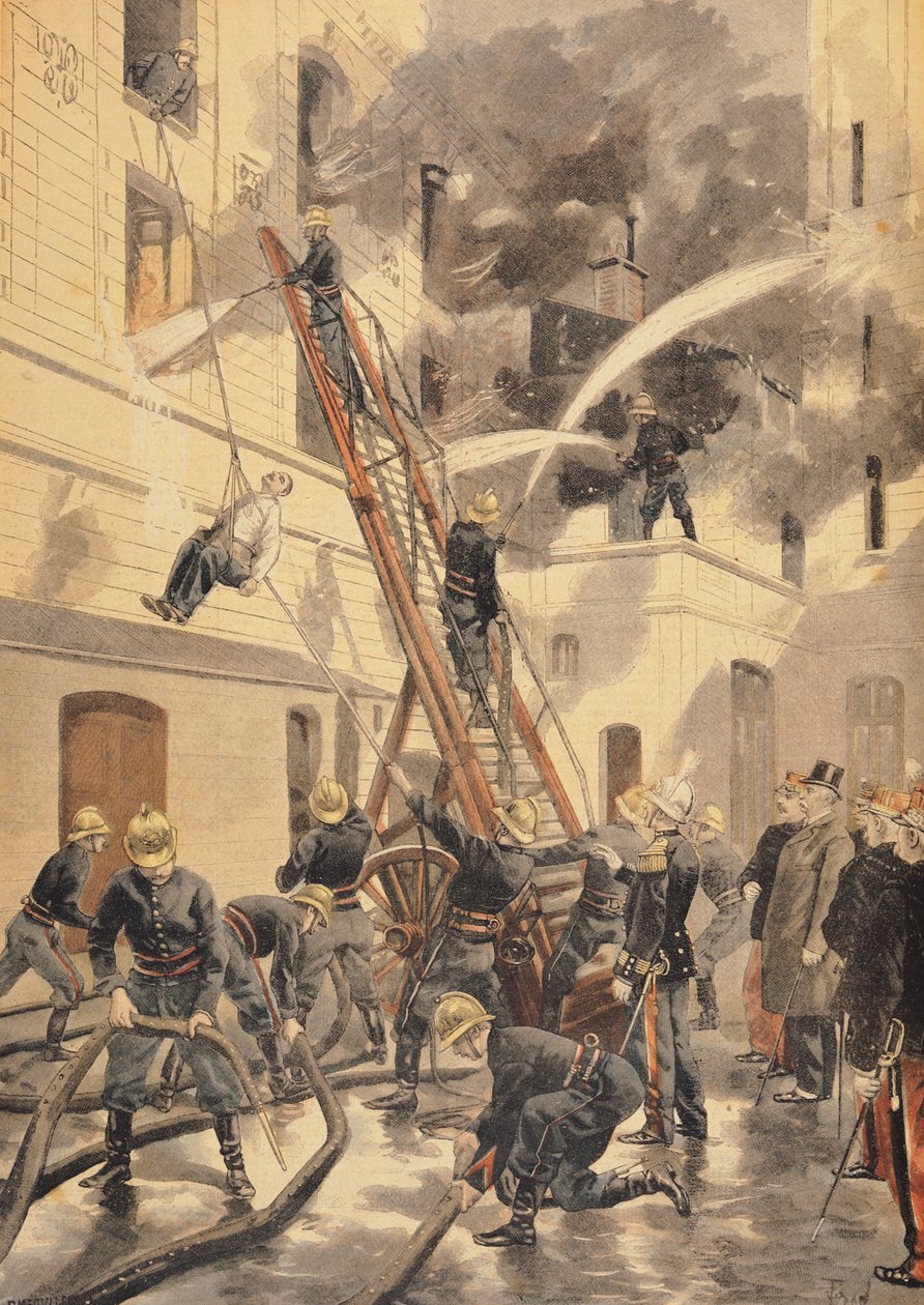 Felix Faure (1841-99) med brandmännen, från "Le Petit Journal", 20 februari 1898. av Oswaldo Tofani