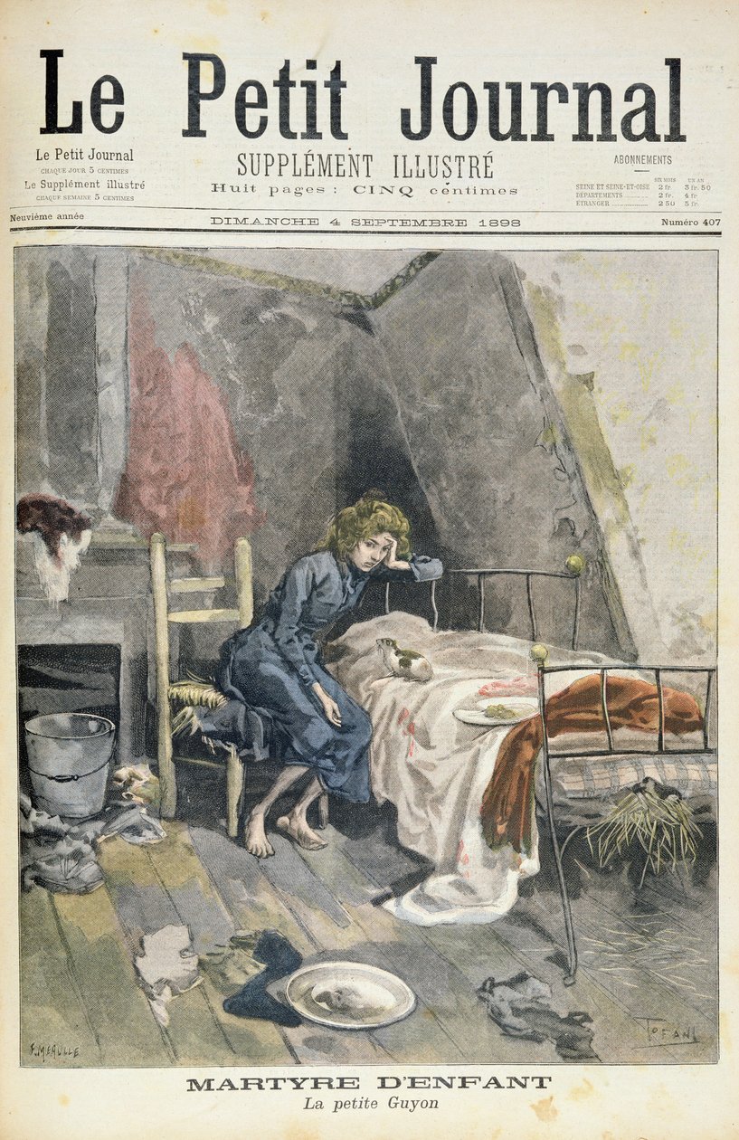 Itulau autu o loʻo faʻaalia ai le faʻamaturoina o tamaiti, le tamaʻi Guyon, faʻataʻitaʻiga mai le faʻamatalaga faʻaopoopo a Le Petit Journal, 4 Setema, 1898 swed av Oswaldo Tofani