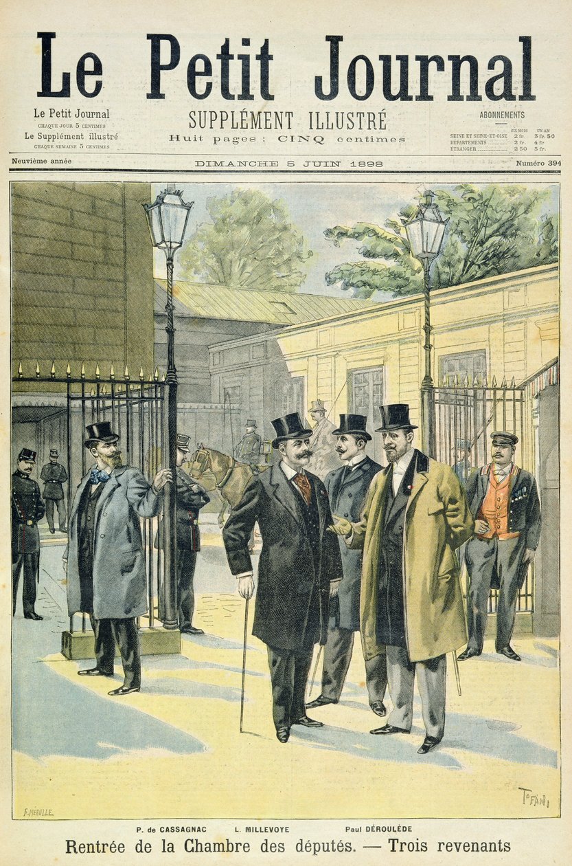 Titelsida som visar återöppningen av deputeradehuset med Paul Granier de Cassagnac, Lucien Millevoye och Paul Deroulede, illustration från det illustrerade bilagan till Le Petit Journal, 5th J av Oswaldo Tofani