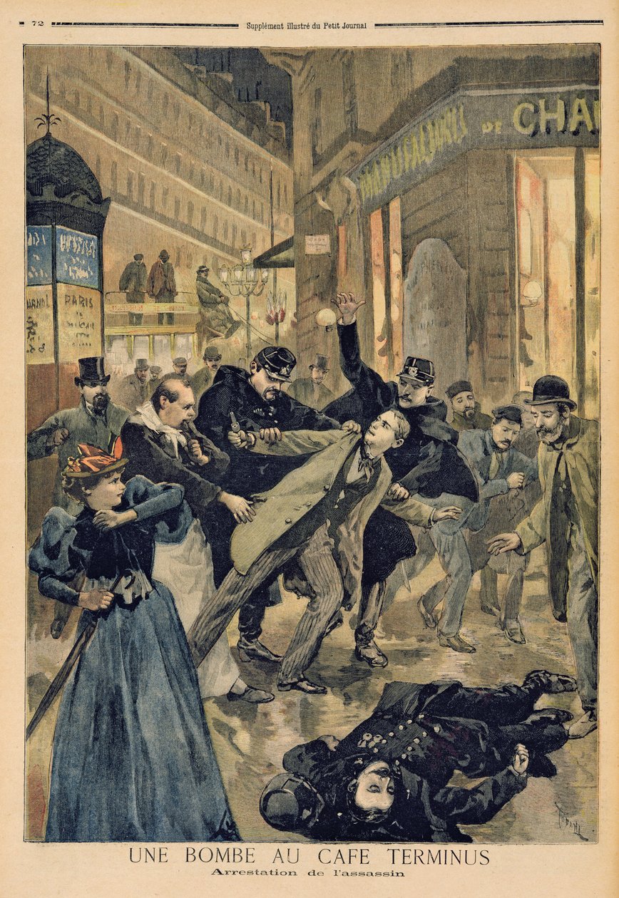 En bomb på Café Terminus, gripandet av mördaren, illustration från "Le Petit Journal", 26 februari 1894. av Oswaldo Tofani