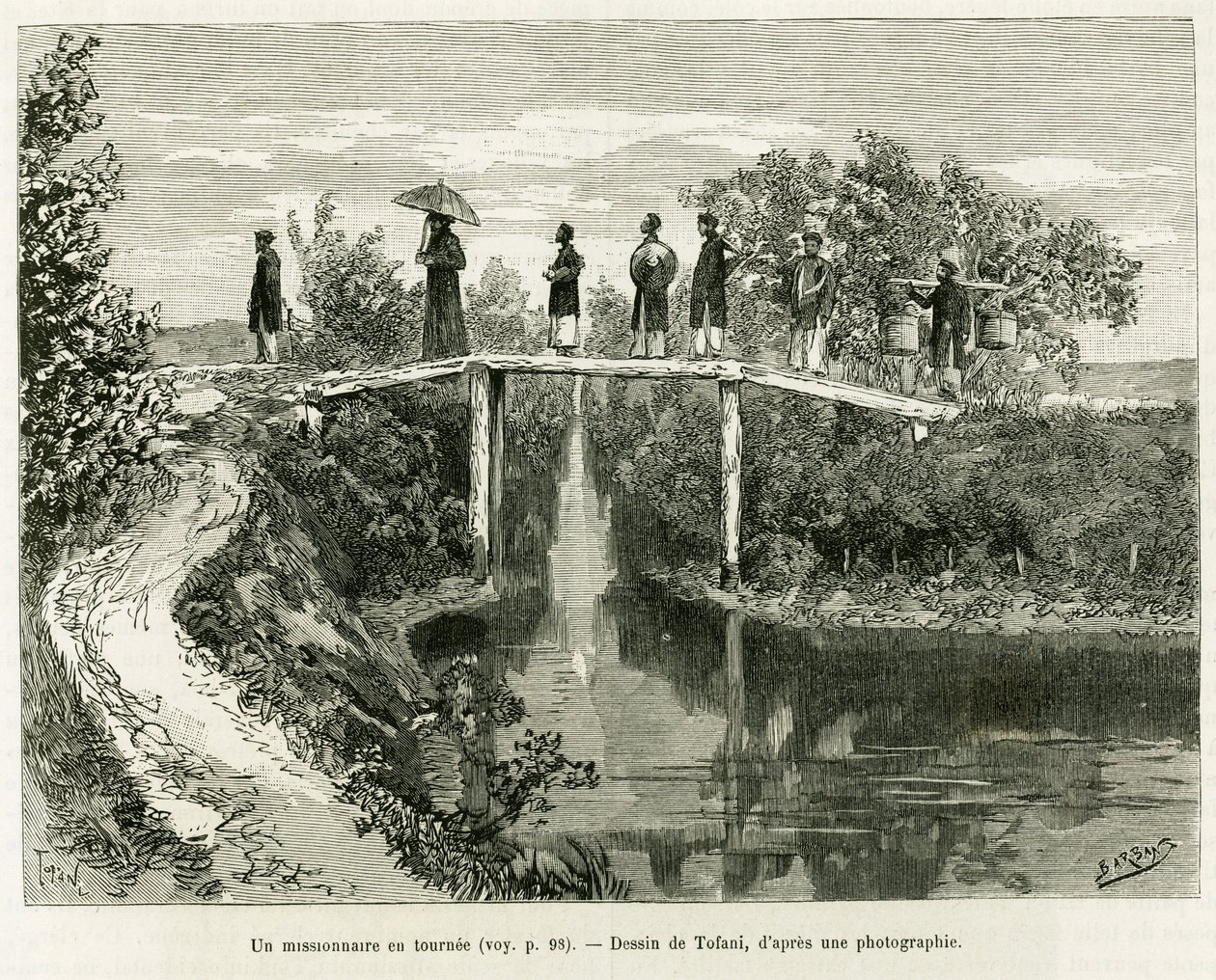En missionär i sin tur. Gravyr av Tofani, för att illustrera historien Trente mois au Tonkin, 1884, av doktor Paul Hocquard, i le tour du monde 1890, under ledning av Edouard Charton (1807-1890), Hachette, Paris. av Oswaldo Tofani