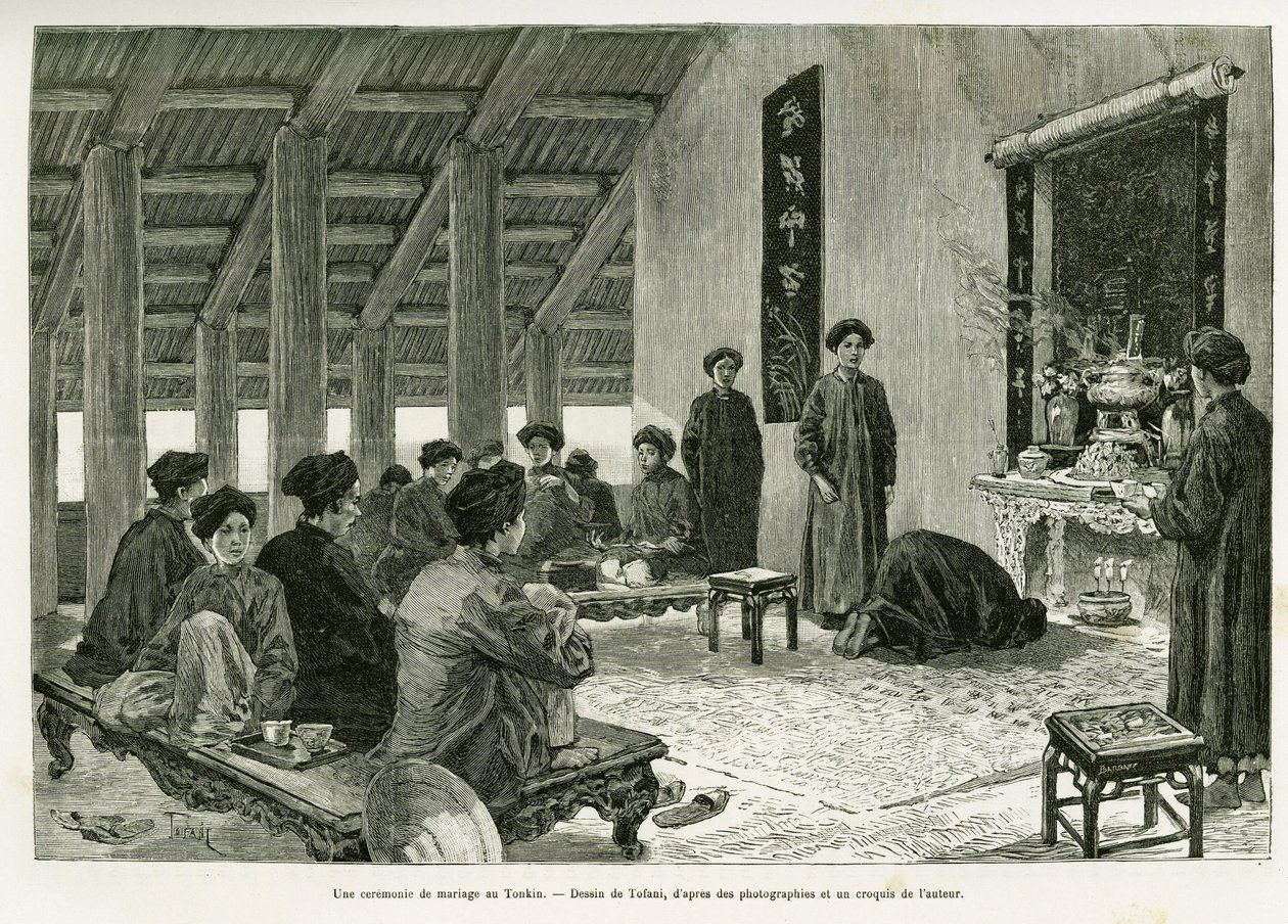 En bröllopsceremoni på Tonkin. Gravyr av Tofani, för att illustrera berättelsen Trente mois au Tonkin, 1884, av Dr Paul Hocquard, i le tour du monde 1890, under ledning av Edouard Charton (1807-1890), Hachette, Paris. av Oswaldo Tofani