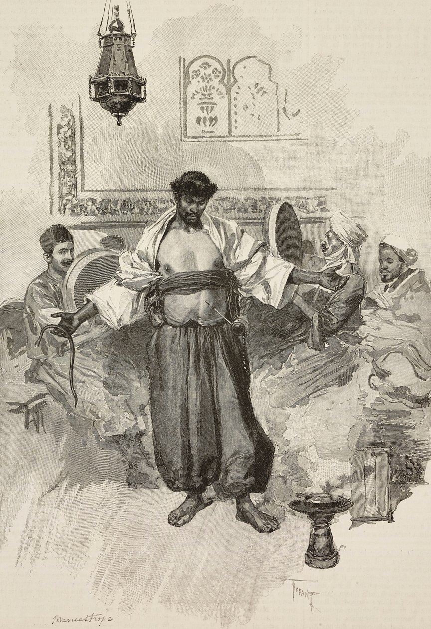 Aissawa-dans, marockanskt religiöst brödraskap, vid världsutställningen 1889, Paris, Frankrike, gravyr av E Mancastroppa från teckning av Osvaldo Tofani från L