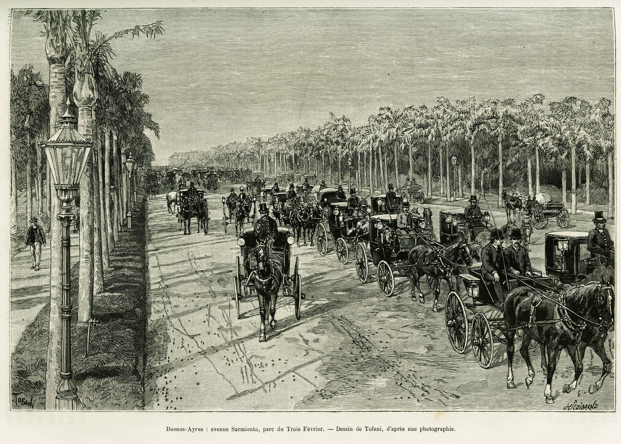 Buenos Aires, Sarmiento Avenue, Three February Park. Gravyr av Tofani, för att illustrera berättelsen Voyage a la Plata, 1886, av Emile Daireaux, i le tour du monde 1888, regisserad av Edouard Charton (1807-1890), Hachette, Paris. av Oswaldo Tofani