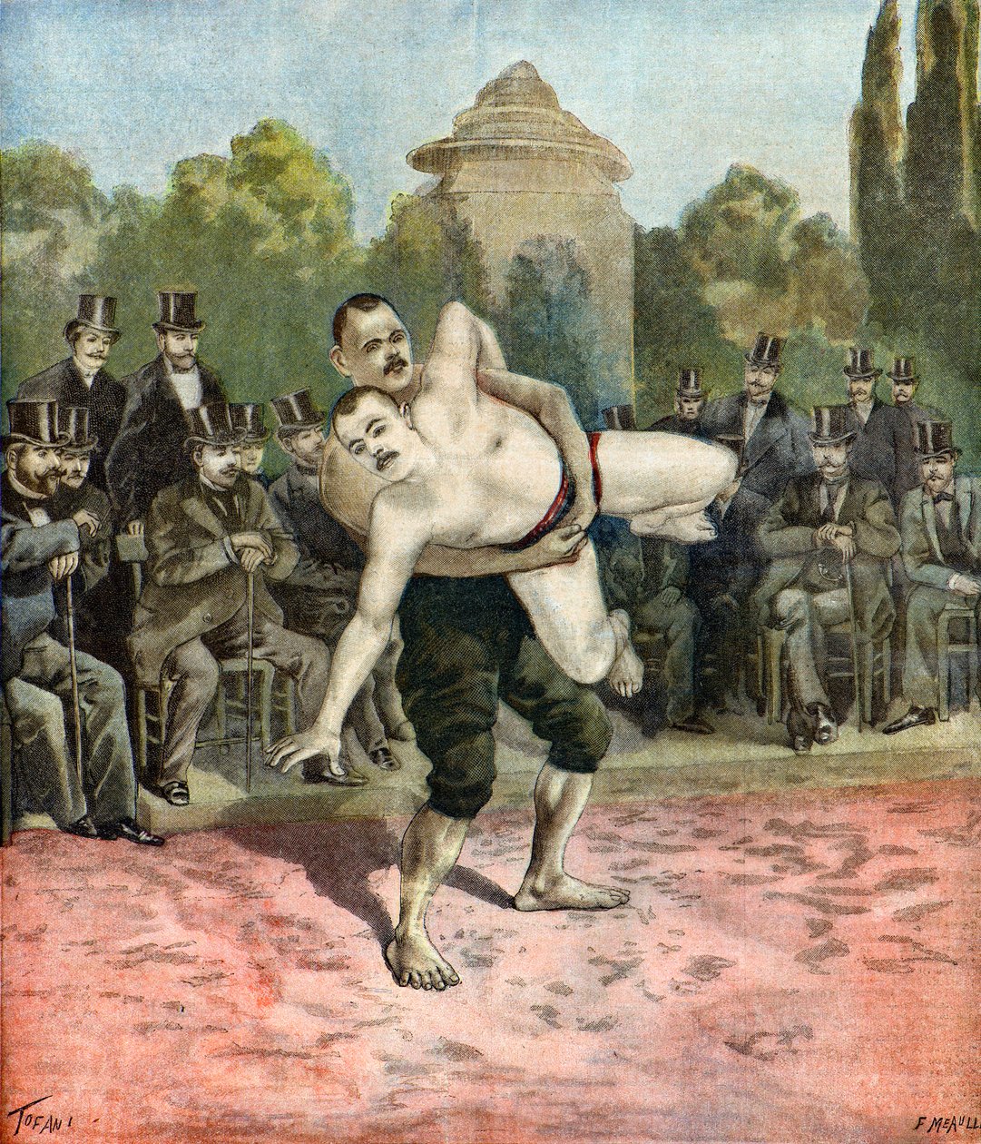 Demonstration av brottarna Pierri och Usouf Ismaillolo,1895 (Illustration) av Oswaldo Tofani
