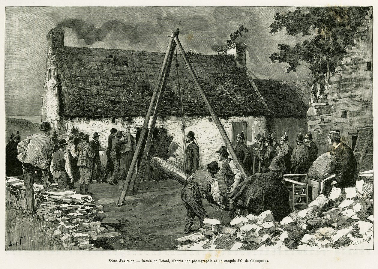 Vräkningsscen. Gravyr av Tofani, för att illustrera berättelsen Three months in Ireland, 1889, av Marie Anne de Bovet, i le tour du monde 1890, regisserad av Edouard Charton (1807-1890), Hachette, Paris. av Oswaldo Tofani