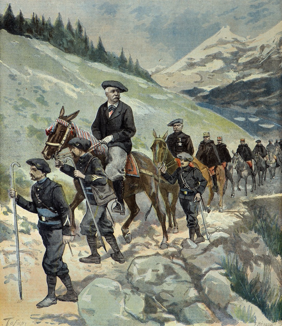 Felix Faure med alpjägare på en resa till Alperna 1897 (Gravyr) av Oswaldo Tofani