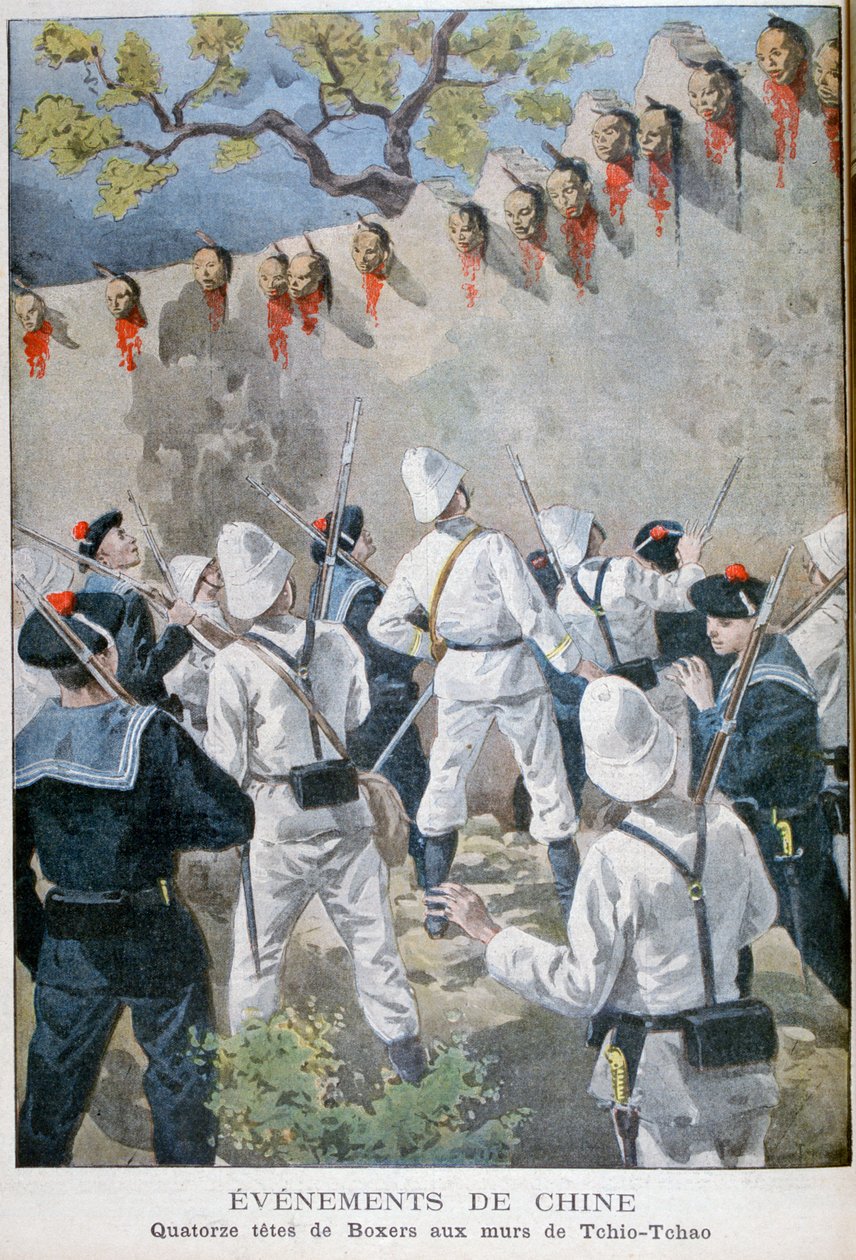 Fjorton huvuden av boxare på väggarna i Tchio-Tchao, Kina, 1900 av Oswaldo Tofani
