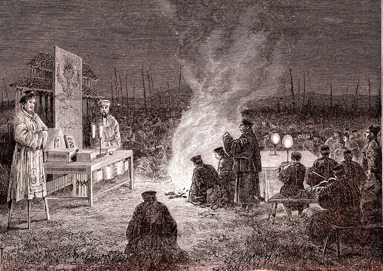 Begravningsceremoni i Sou-Tcheou, Kina. 1874 (gravyr) av Oswaldo Tofani