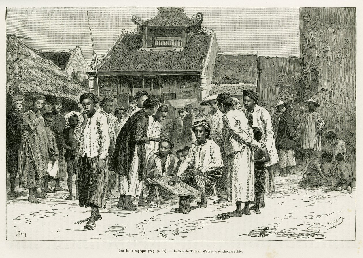 Sapeques spel. Gravyr av Tofani, för att illustrera berättelsen Trente mois au Tonkin, 1884, av Dr Paul Hocquard, i le tour du monde 1890, under ledning av Edouard Charton (1807-1890), Hachette, Paris. av Oswaldo Tofani
