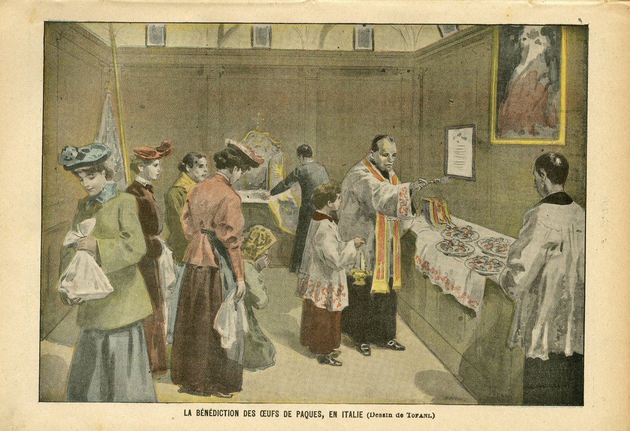 Illustration av Oswaldo Tofani (1849-1915) i Le Pelerin, 03/04/04 - Påskäggens välsignelse i Italien - Italien, Religion Tro, påsk, katolsk katolicism - Ägg av Oswaldo Tofani