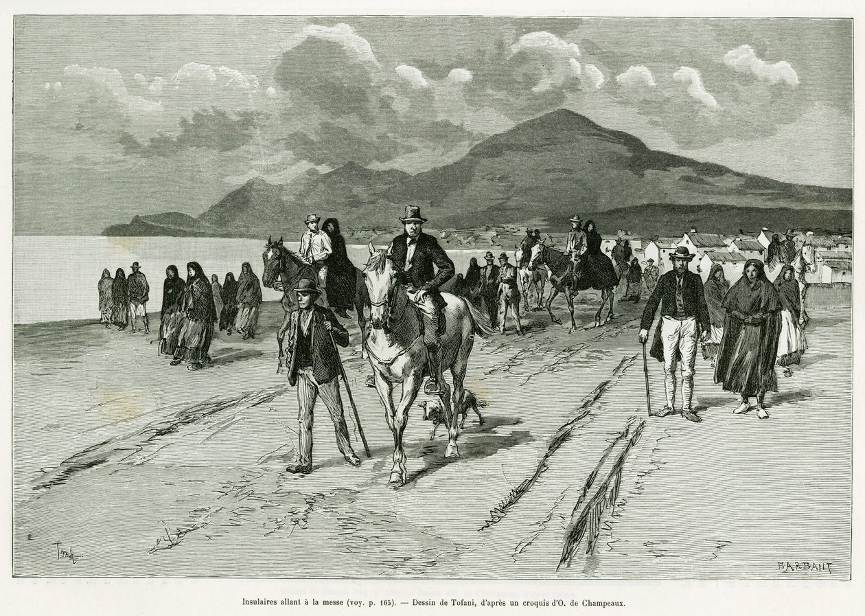 Öbor går till mässan. Gravyr av Tofani, för att illustrera berättelsen Trois mois en Irlande, 1889, av Marie anne de Bovet, i le tour du monde 1890, regisserad av Edouard Charton (1807-1890), Hachette, Paris. av Oswaldo Tofani