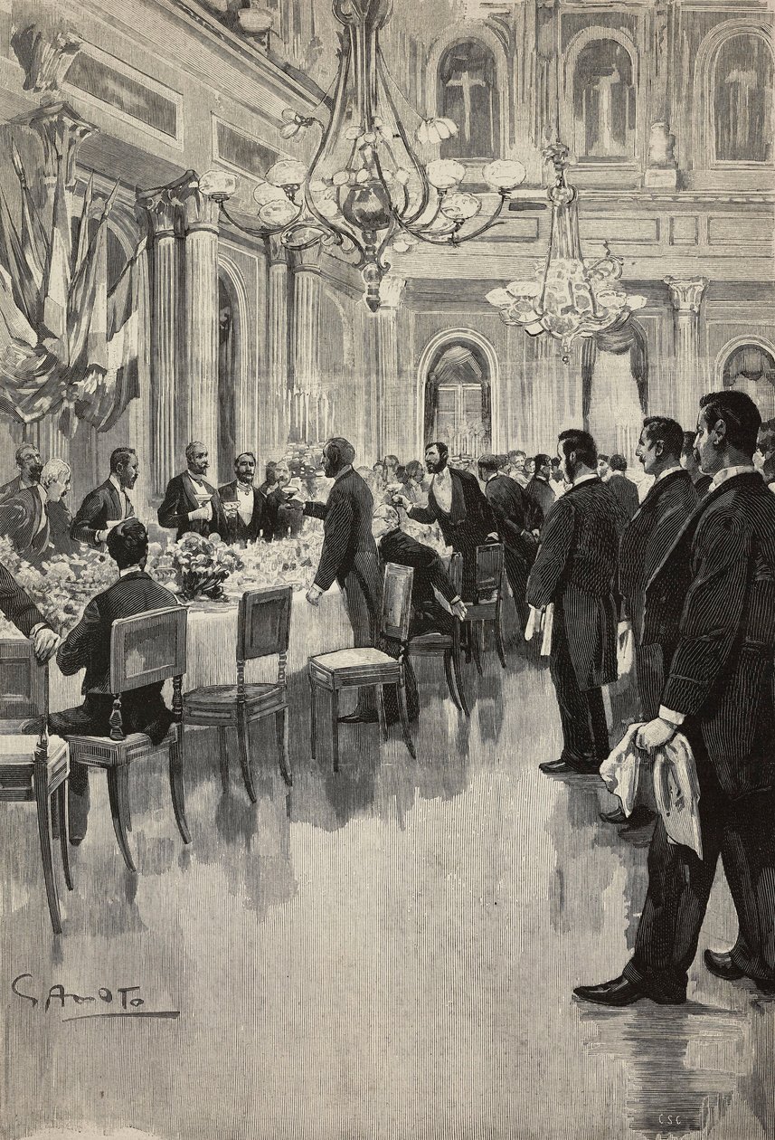 Italienska diplomater skålar tillsammans, Paris, Frankrike, gravyr från teckning av Gennaro Amato, från skiss av Osvaldo Tofani, från L