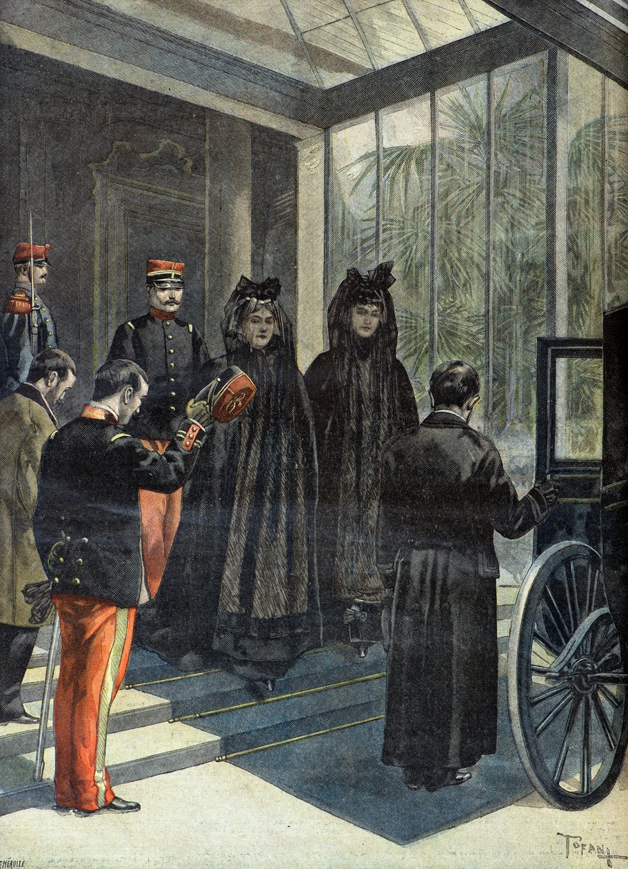 Madame Felix Faure lämnar elysee efter republikens presidents död 1899 (Gravyr) av Oswaldo Tofani