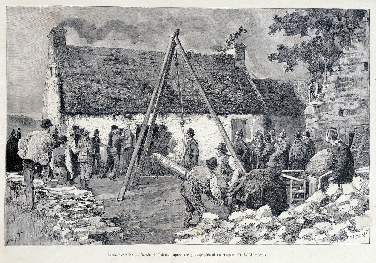 Män springer genom en dörr med hjälp av ett magträd för att kasta ut den boende från bostaden. Teckning av Tofani från en skiss av O. de Champeaux (1800-talet). av Oswaldo Tofani