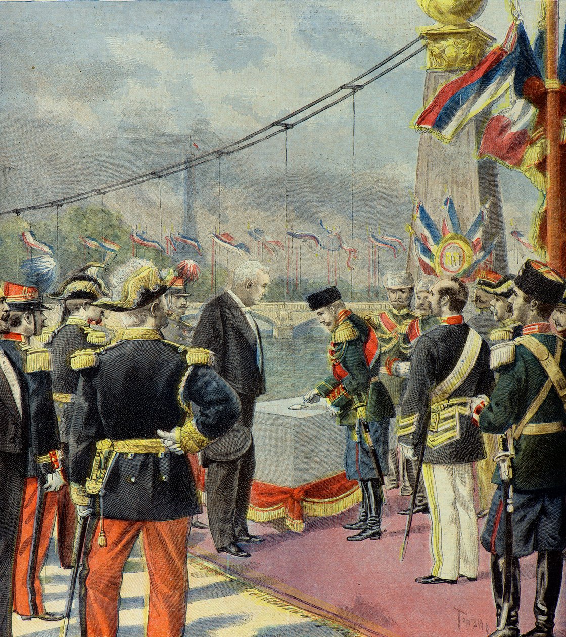Nicolas 2 lägger den första stenen på Alexandre 3-bron, i närvaro av Felix Faure, Paris 1896 (Gravyr) av Oswaldo Tofani