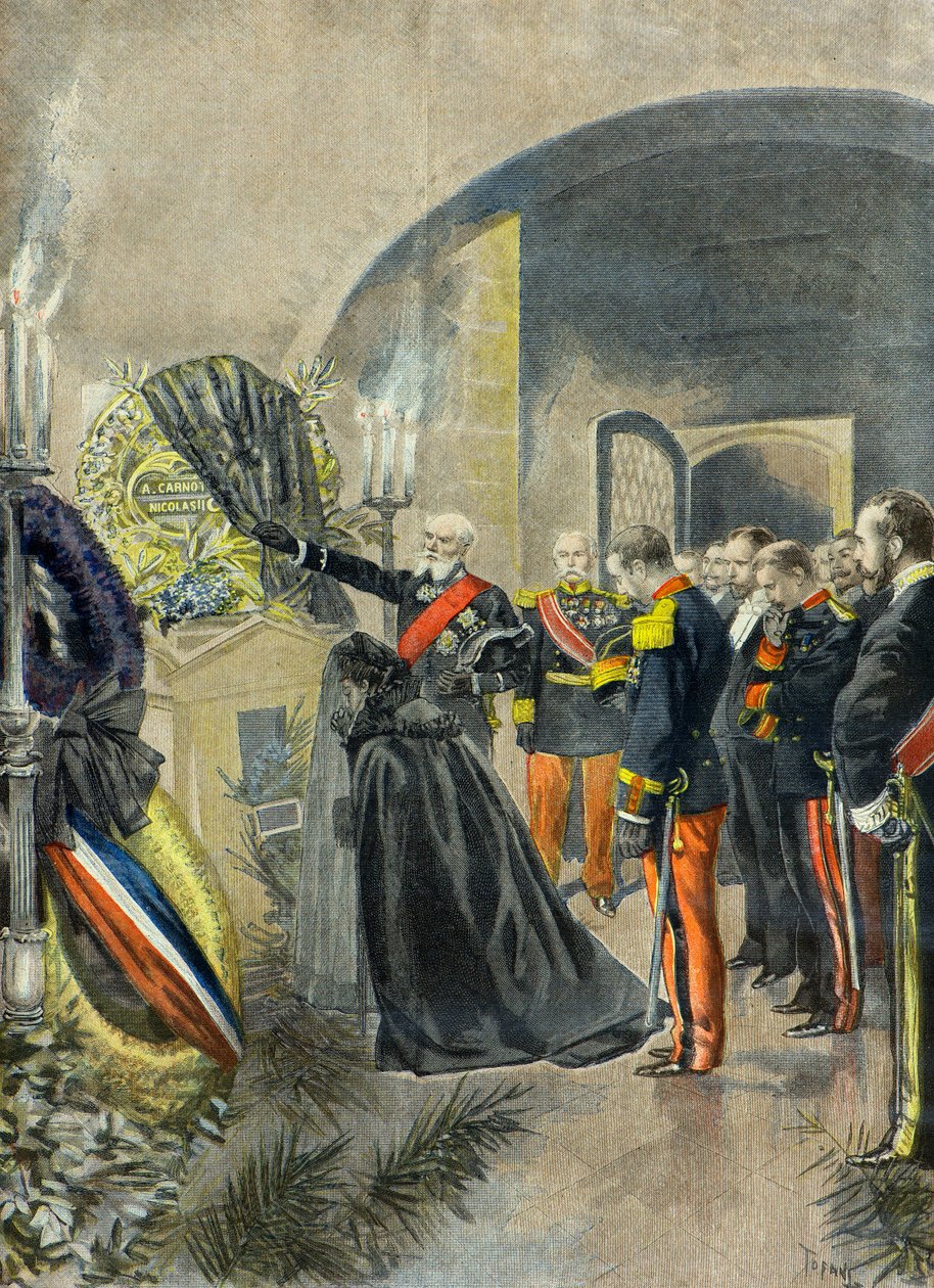 Nicolas 2 lägger en krans på Sadi Carnots grav vid Pantheon, Paris1896 (Gravyr) av Oswaldo Tofani