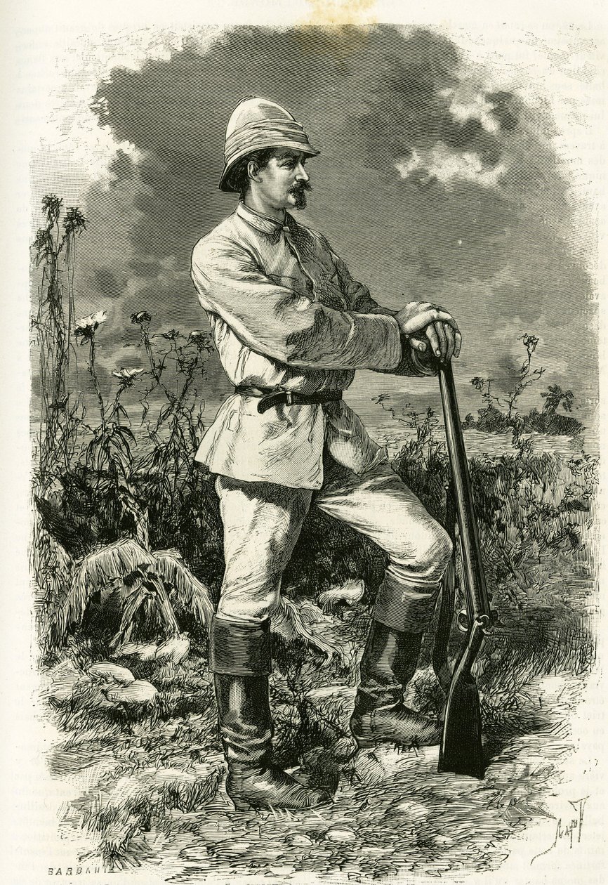 Porträtt av Dr. Emile Holub, i en utforskningsdräkt, graverad av Tofani, för att illustrera berättelsen "Au pays des Marutses", 1875-1879, av Dr. Emile Holub (1847-1902). Publicerad i Tour du monde, andra terminen 1883, redigerad av Edouard Charton (1807-1 av Oswaldo Tofani