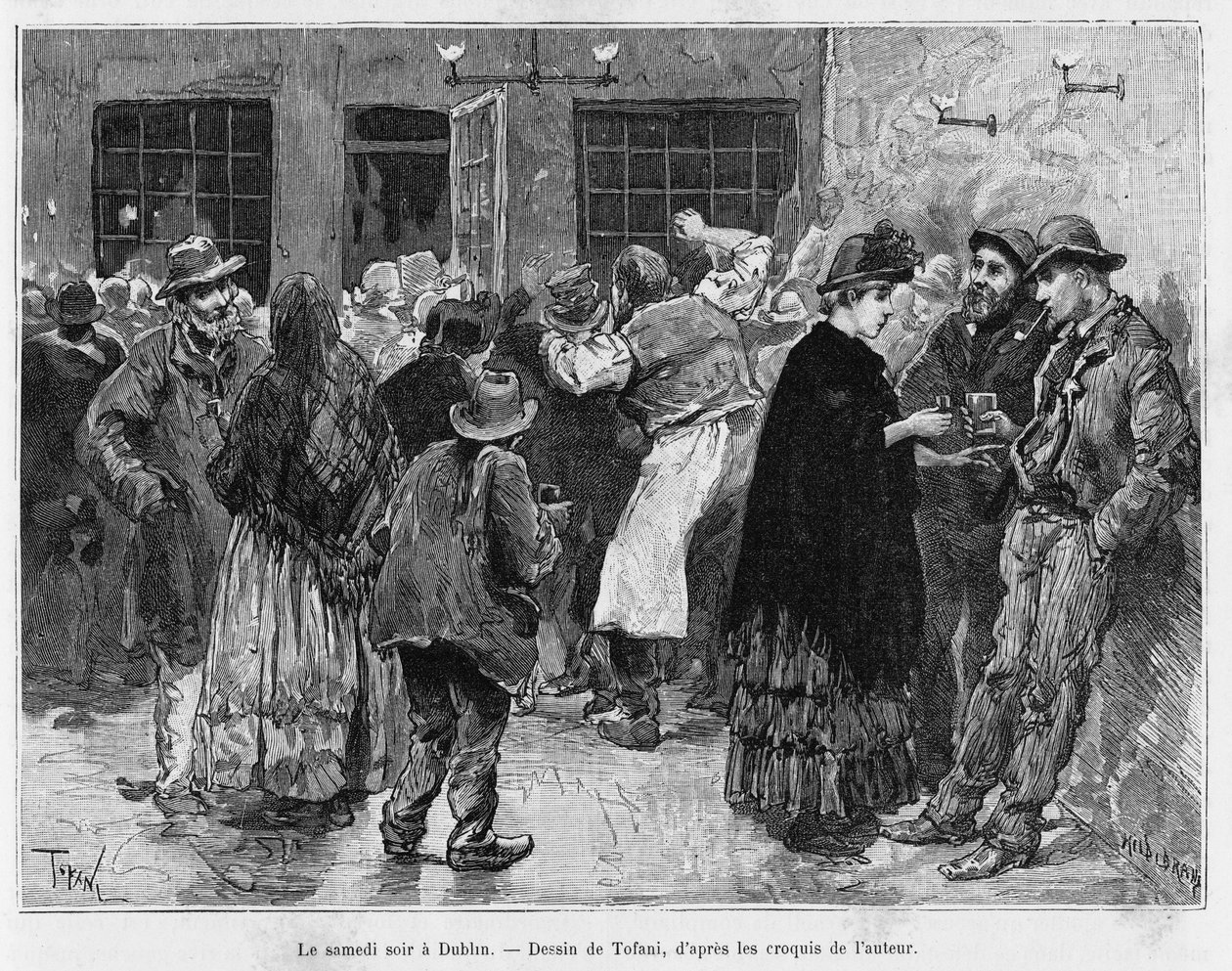 Lördag kväll i Dublin. Gravyr av Tofani, för att illustrera berättelsen Three months in Ireland, 1889, av Marie Anne de Bovet, i le tour du monde 1890, regisserad av Edouard Charton (1807-1890), Hachette, Paris. av Oswaldo Tofani