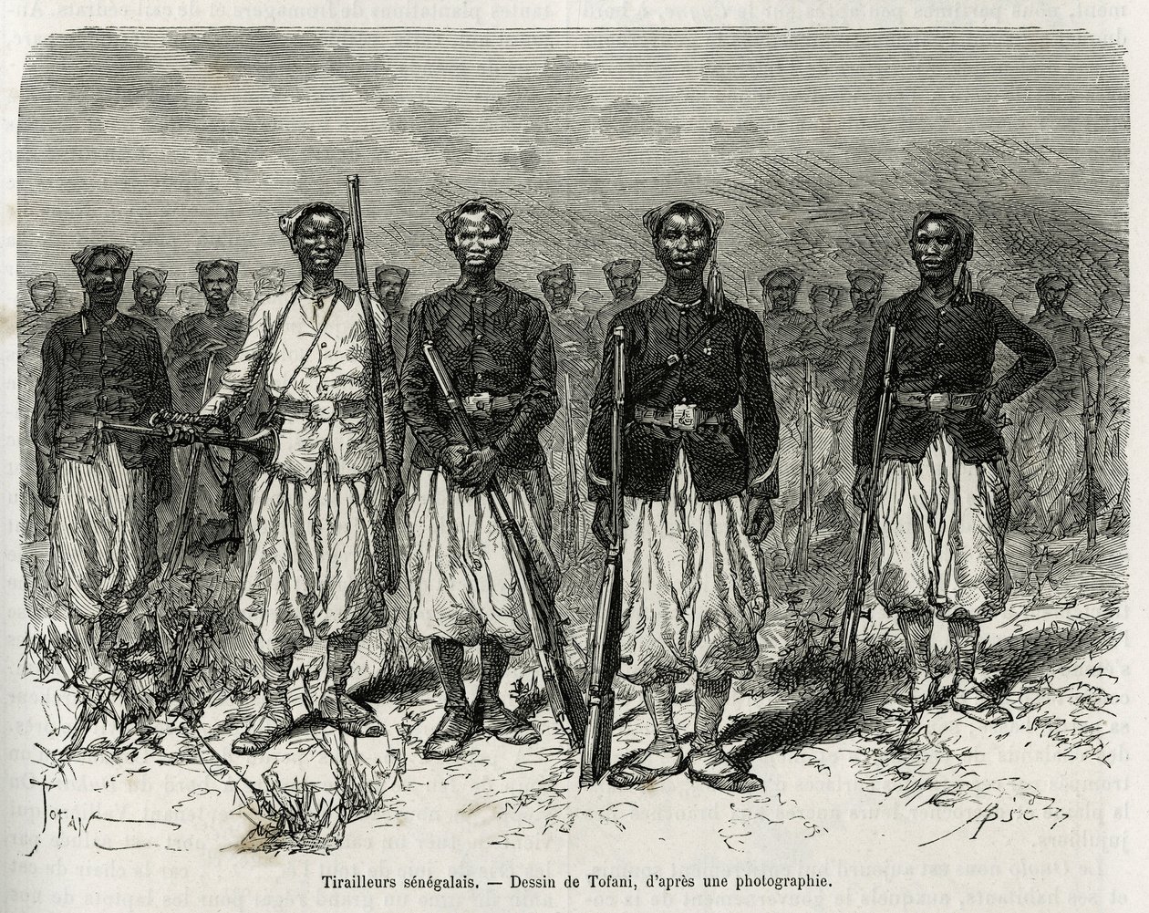 Senegalesiska ryttare av expeditionen eskort. Gravyr av Tofani, för att illustrera berättelsen om Exploration in Haut Niger, av Commander Gallieni, av Marine Infantry, 1880-1881, publicerad i Tour du monde, under ledning av Edouard Charton (1807) av Oswaldo Tofani