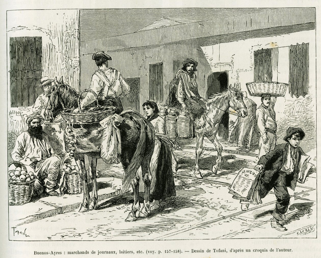 Småföretag, tidningshandlare, mejeri, fruktförsäljare etc... på gatorna i Buenos Aires (Argentina). Gravyr av Tofani för att illustrera berättelsen Voyage a la Plata, tre månaders semester av Emile Blaireaux 1886, i tour du monde 1887, unde av Oswaldo Tofani
