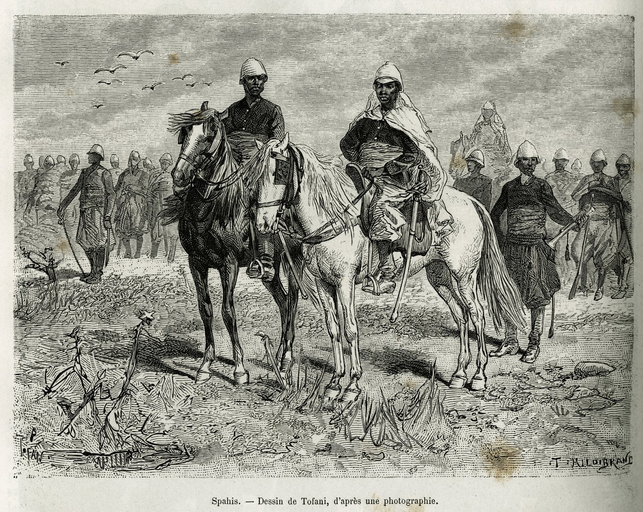 Spahis av expeditionen eskort. Gravyr av Tofani, för att illustrera berättelsen om Exploration in Haut Niger, av Commander Gallieni, av Marine Infantry, 1880-1881, publicerad i Tour du monde, under ledning av Edouard Charton (1807-1890) av Oswaldo Tofani
