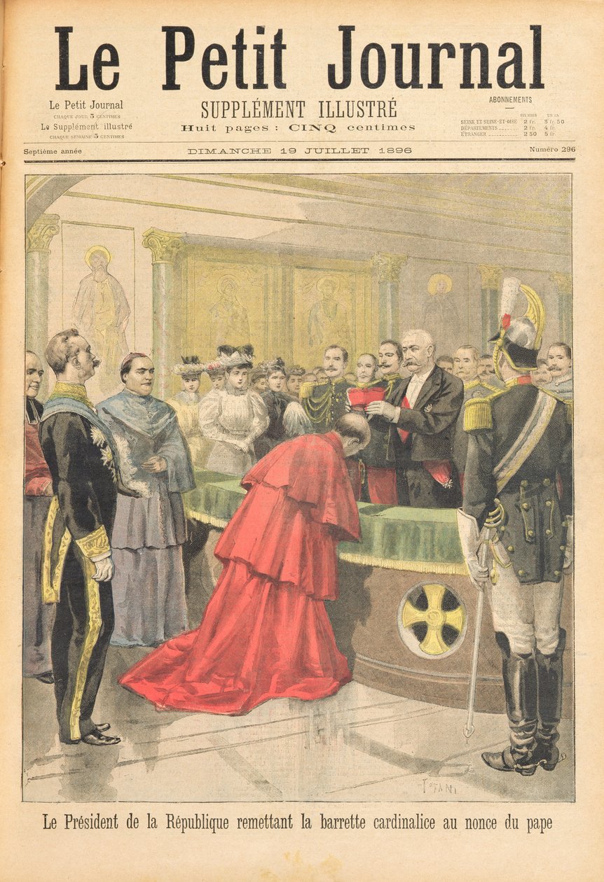 Den apostoliska nuntien tar emot den röda hatten av den franska republikens president, från Le Petit Journal, 19 juli 1896. av Oswaldo Tofani