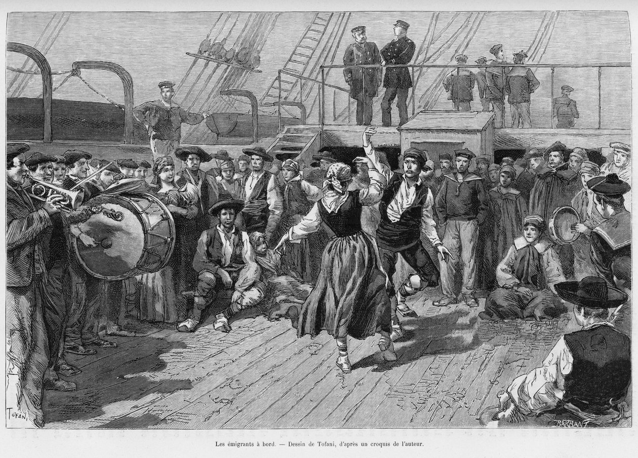 Emigranterna ombord. Gravyr av Tofani för att illustrera berättelsen Voyage a la Plata, tre månaders semester av Emile Blaireaux 1886, i tour du monde 1887, under ledning av Edouard Charton (1807-1890), Hachette, Paris. av Oswaldo Tofani