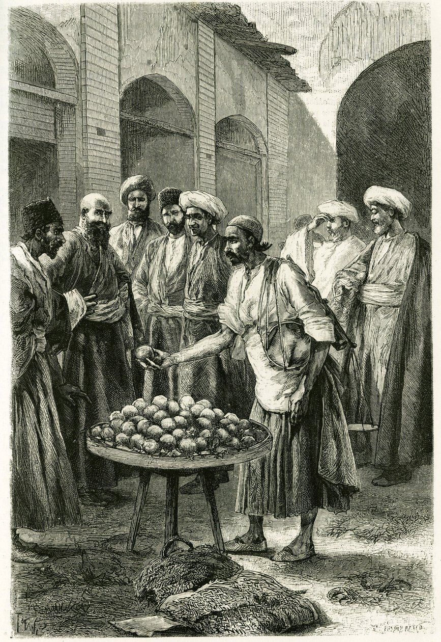 Fiskehandlaren i Kachan (eller Kashan, i Teheran-provinsen, nuvarande Iran). Gravyr av Tofani, från ett fotografi, för att illustrera berättelsen "" Persia, Chaldee och Susiane"" 1881-1882, av Jane Dieulafoy (f. Magre) av Oswaldo Tofani