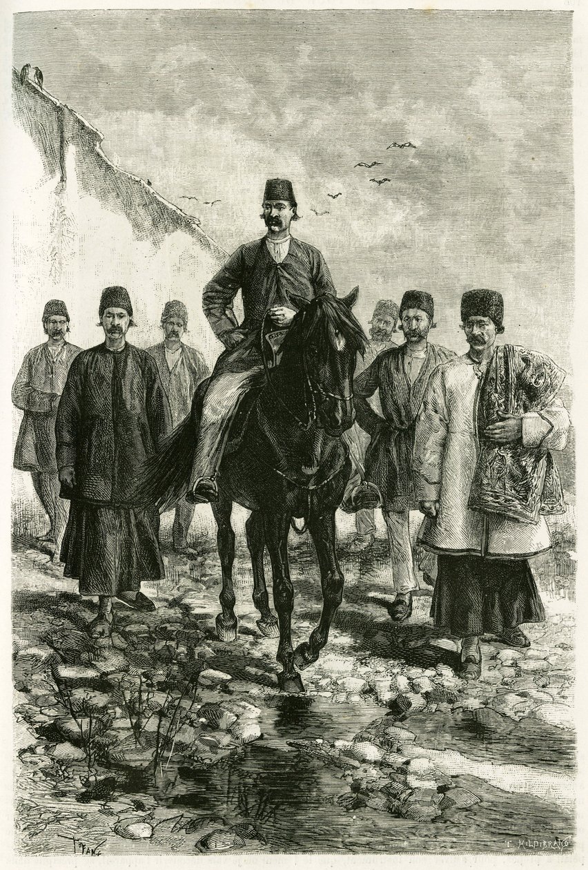Guvernören i Kachan (eller Kashan, i Teheran-provinsen, nuvarande Iran) rider på en svart häst och hans svit är till fots. Gravyr av Tofani, från ett fotografi, för att illustrera berättelsen "" Persia, Chaldee och Susiane"" 1881-1882, av Jane Dieulafoy (f av Oswaldo Tofani
