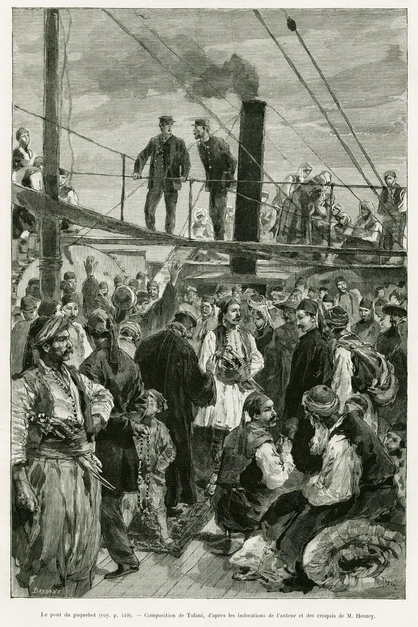 Fartygets däck. Gravyr av Tofani för att illustrera berättelsen Voyage en Thessalie 1882, av Paul Monceaux, i le tour du monde 1887, regisserad av Edouard Charton (1807-1890), Hachette, Paris. av Oswaldo Tofani