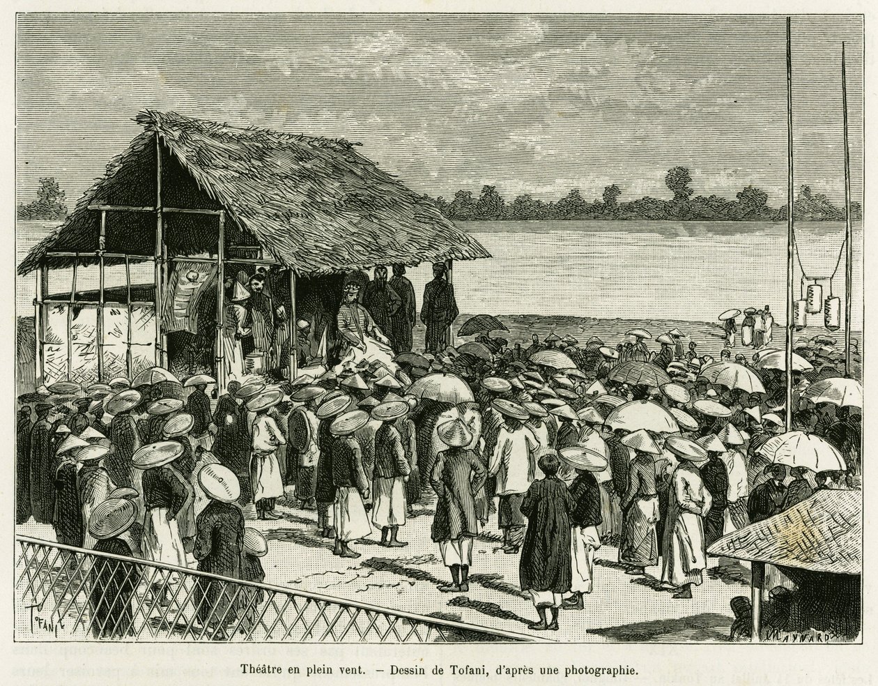 Teater i vinden. Gravyr av Tofani, efter ett fotografi, för att illustrera historien Trente mois au Tonkin, 1884, av Dr Paul Hocquard, i le tour du monde 1890, under ledning av Edouard Charton (1807-1890), Hachette, Paris. av Oswaldo Tofani