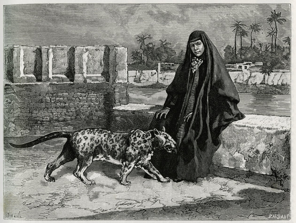 Torkan Khanoum, Sheikh Moses favorit, mäktig stamledare i Arabistan med sin panter. Gravyr av Tofani, för att illustrera berättelsen "Persia, Chaldee and Susiane" av Oswaldo Tofani