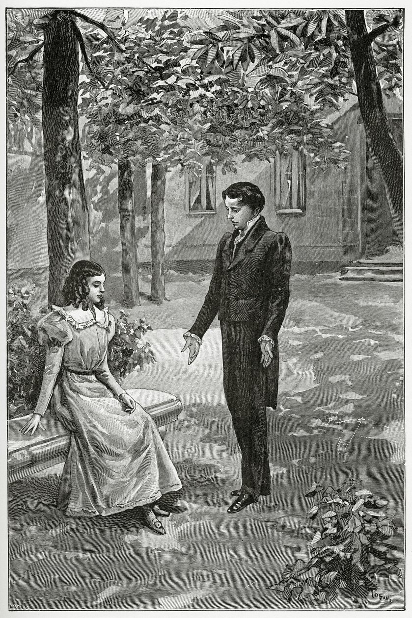 Victor Hugo förklarar sin kärlek till Adèle Foucher, 1800-talet (bw-gravyr) av Oswaldo Tofani