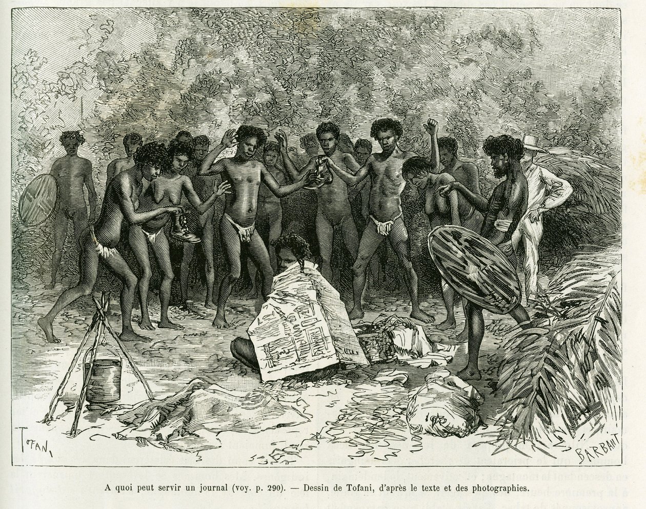 Vad kan en tidning användas till? Gravyr av Tofani, för att illustrera berättelsen Chez les cannibales, Journey to North-East Australia av Oswaldo Tofani