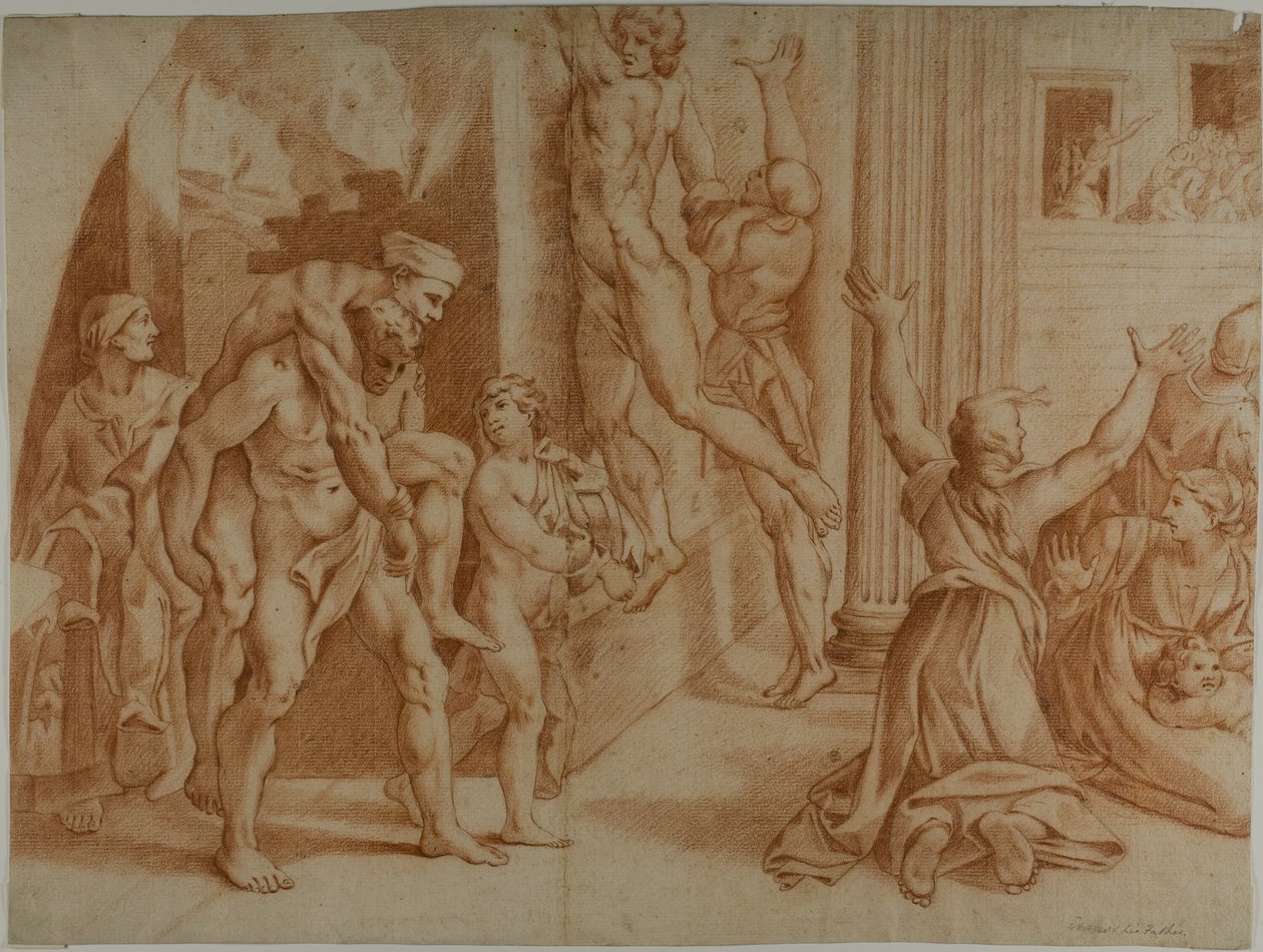 Branden i Borgo (recto); Liten skiss av branden i Borgo (verso) av Ottaviano Dandini