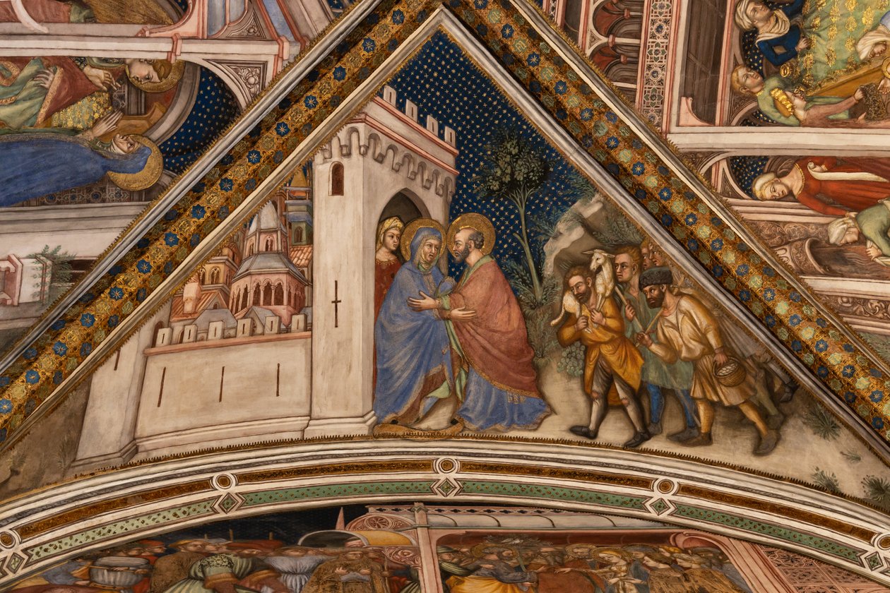 Detalj av valvet: Anna och Joachim möts vid Jerusalems gyllene dörr av Ottaviano Nelli