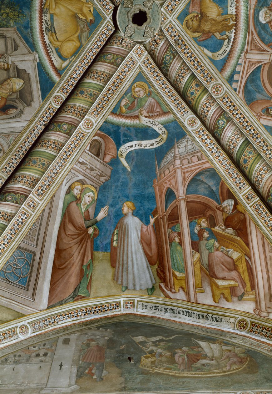 Saint Augustine skickas av sin mor Monique för att studera i Thagaste (Fresco av Ottaviano Nelli