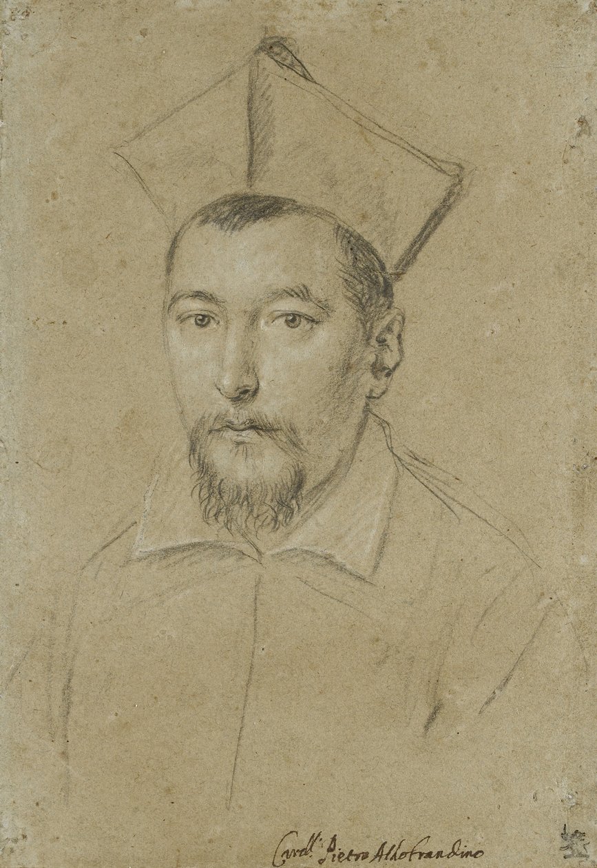 Porträtt av kardinal Pietro Aldobrandini (svart krita, förstärkt med vitt på grått, blågrått papper) av Ottavio Mario Leoni